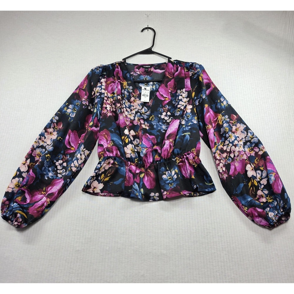 Express Womens Floral Peplum Top S V-Neck Long Sleeve Smocked Boho Romantic NWT